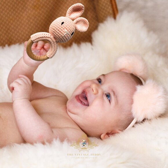 NWT Cute Handmade Crochet Bunny Baby Rattle Baby & Toddler Wooden Plush Toys - Picture 3 of 3